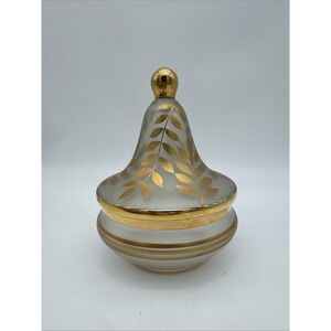 Vintage Frosted Glass Candy Dish Gold Leaves
